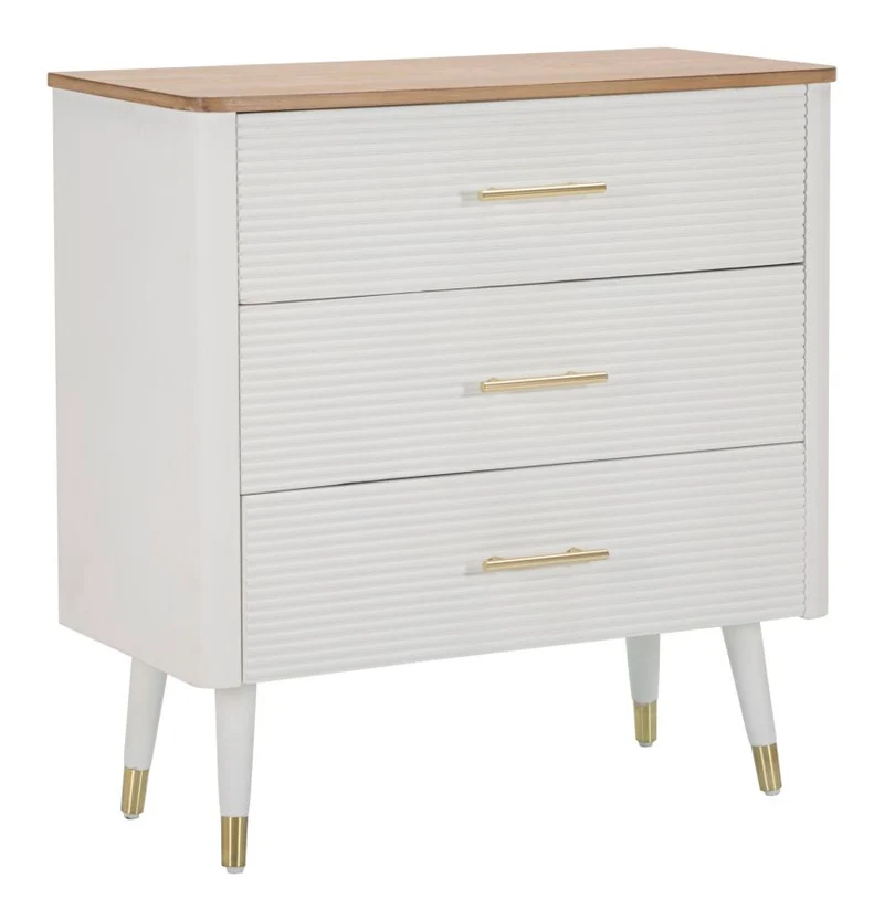 Comò 3 cassetti moderno in legno bianco maniglie oro top naturale cm 78x37x80h