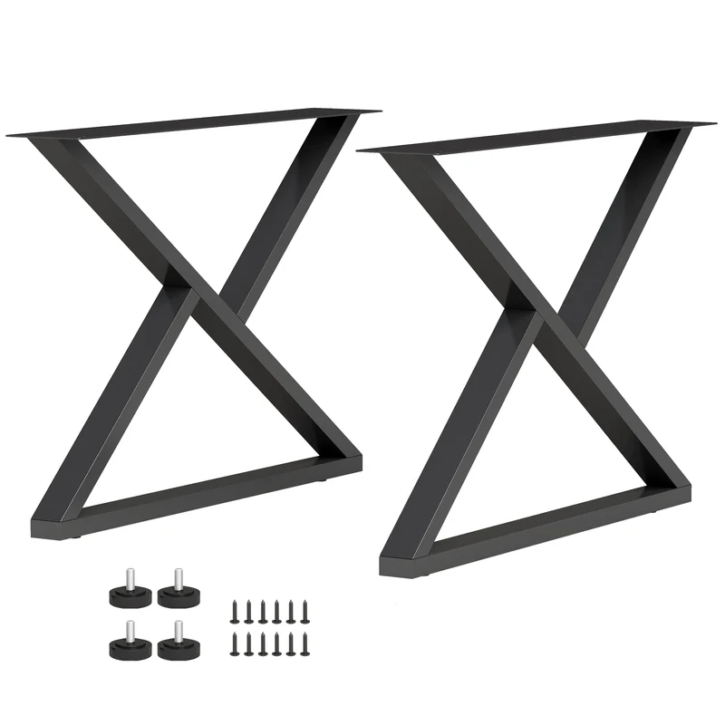 Set 2 Gambe per Tavolo 60x10x43 cm a Forma di X con 12 Viti e 4 Piedini Regolabili Stile Industriale in Acciaio Nero