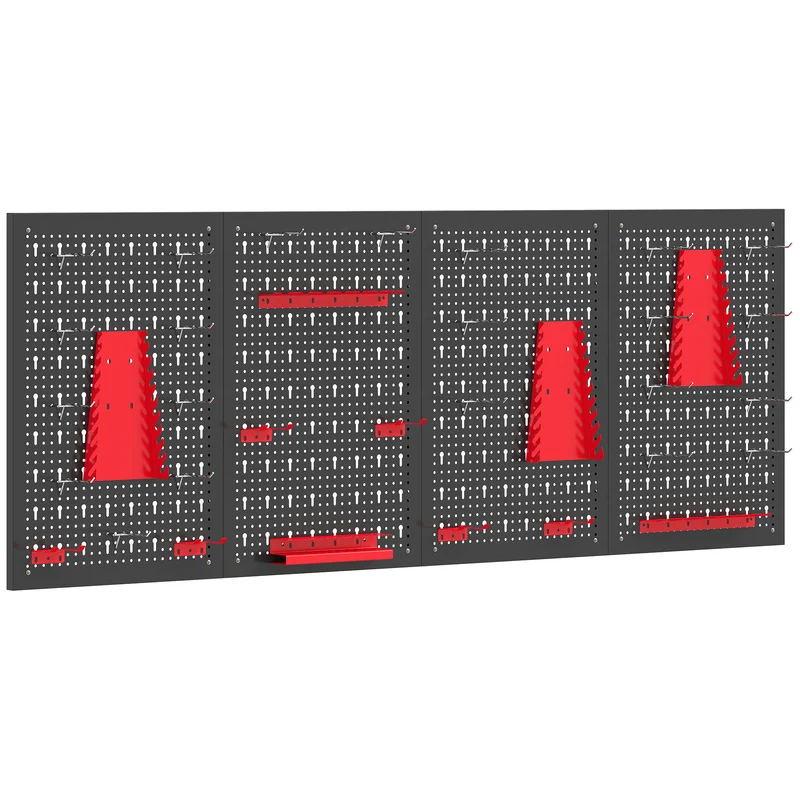 Set 4 Pannelli Porta Attrezzi da Parete 60x40x2 cm con 12 Supporti e 22 Ganci in Acciaio Nero e Rosso