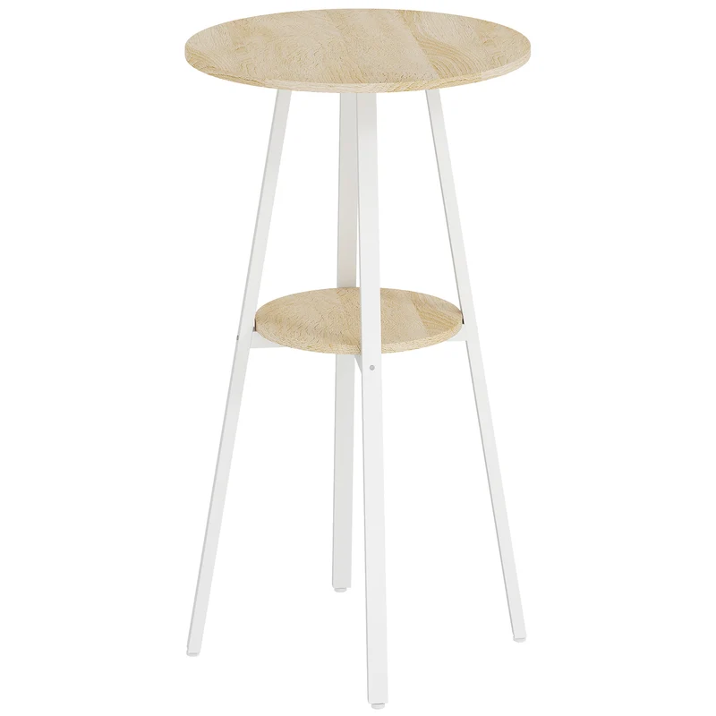 Tavolo Alto Rotondo Ø55x95 cm con Mensola per 2 Persone in Metallo e Melamina Naturale e Bianco