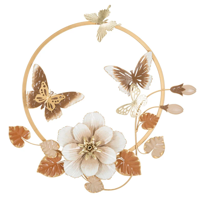 Pannello decorativo tondo elegante in metallo con fiore e farfalle cm 58x5x63h
