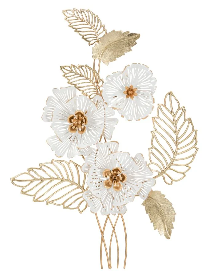 Decorazione da parete elegante in metallo con foglie e fiori oro e bianco cm 54x6x73h
