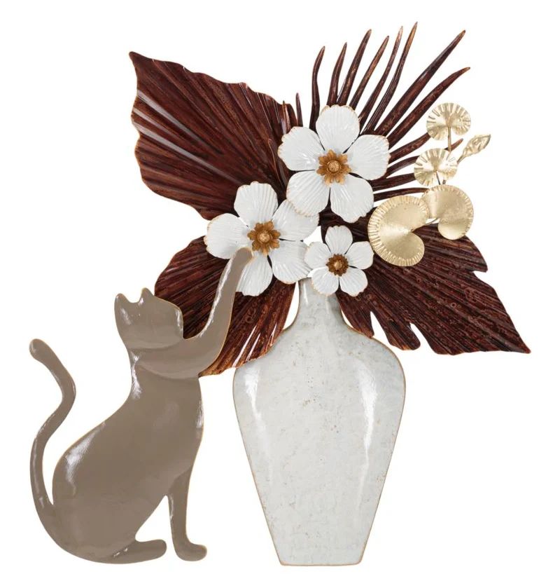 Pannello decorativo per parete in metallo sagomato vaso con gattino cm 54x9x59h