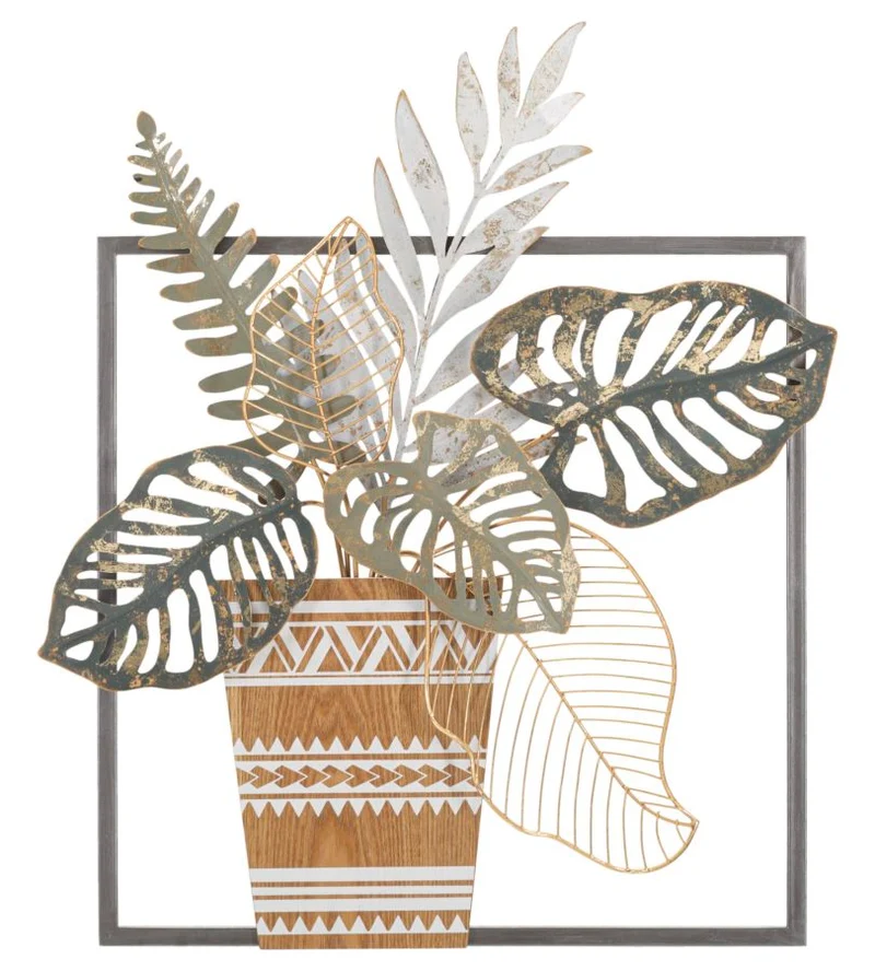 Pannello design quadretto in metallo e legno sagomato con vaso e foglie cm 54x6x63h