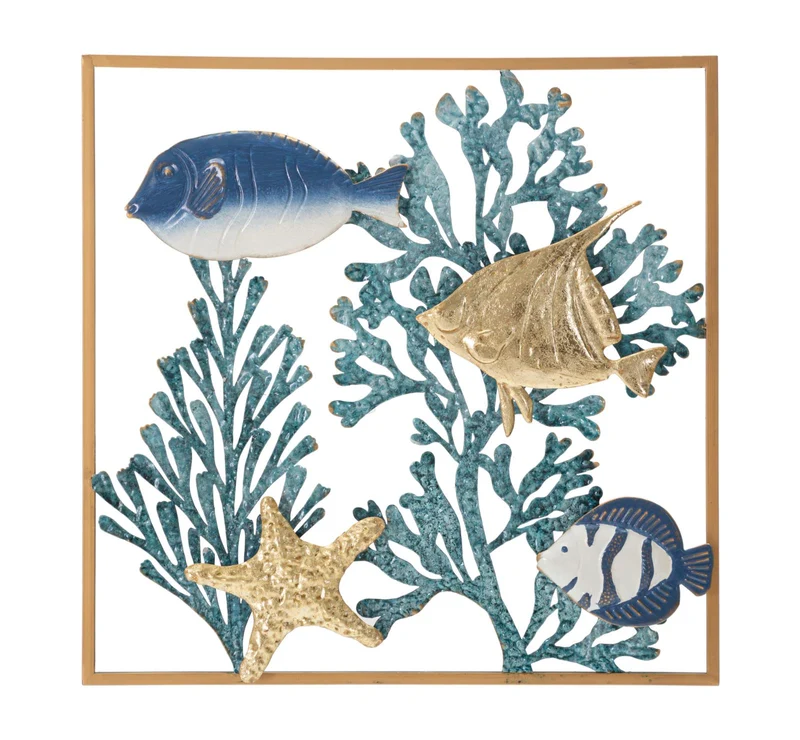 Quadretto moderno in metallo 3D con pesci oro e blu cm 50x3x50h