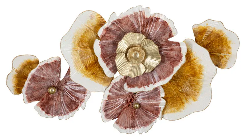 Pannello decorativo per parete con fiori in metallo rosso e giallo cm 92x8x51h
