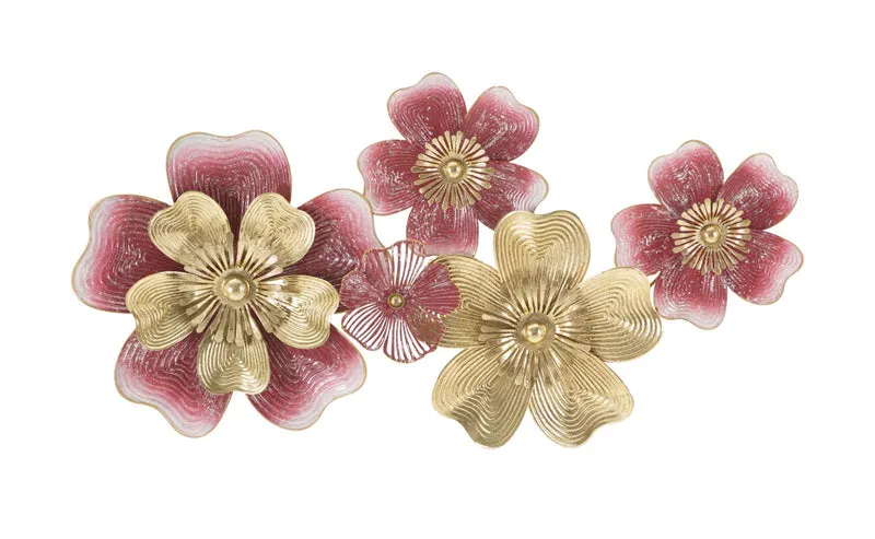 Pannello in metallo 3D design moderno con fiori rosso e oro cm 91x6x50h