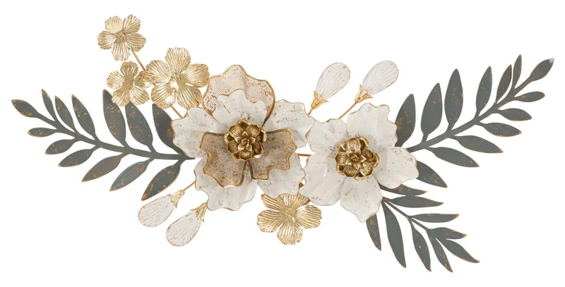 Decorazione a parete moderna in metallo 3D fiori e foglie cm 90x7x42h
