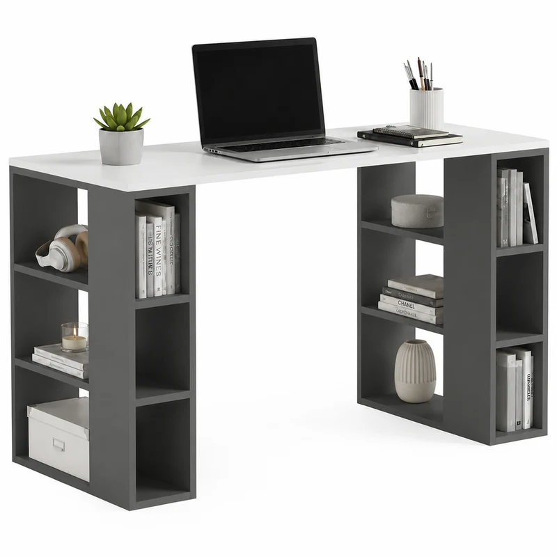 Scrivania Libreria 6 Ripiani 140x60x75 cm Tavolo Porta Computer con Scaffali Libreria in MDF Bianco e Antracite