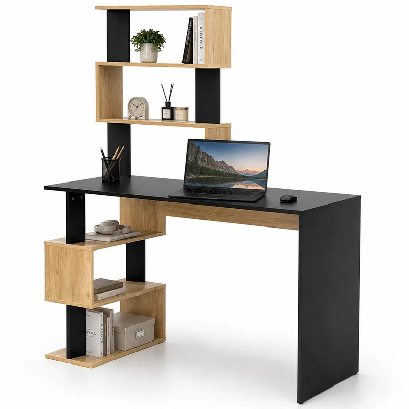 Scrivania con Libreria 120x60x148 cm Ripiani con Struttura Geometrica in Legno Nero e Quercia