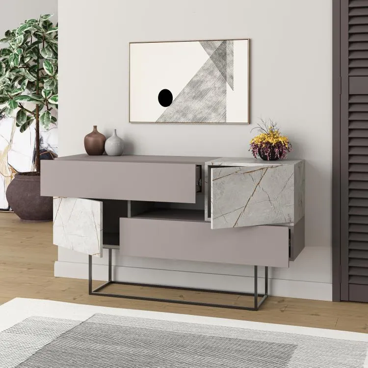 Consolle Moderna 145x40x82 cm con 2 Ante 2 Cassetti e Gambe Alte Tortora e Marmo Bianco