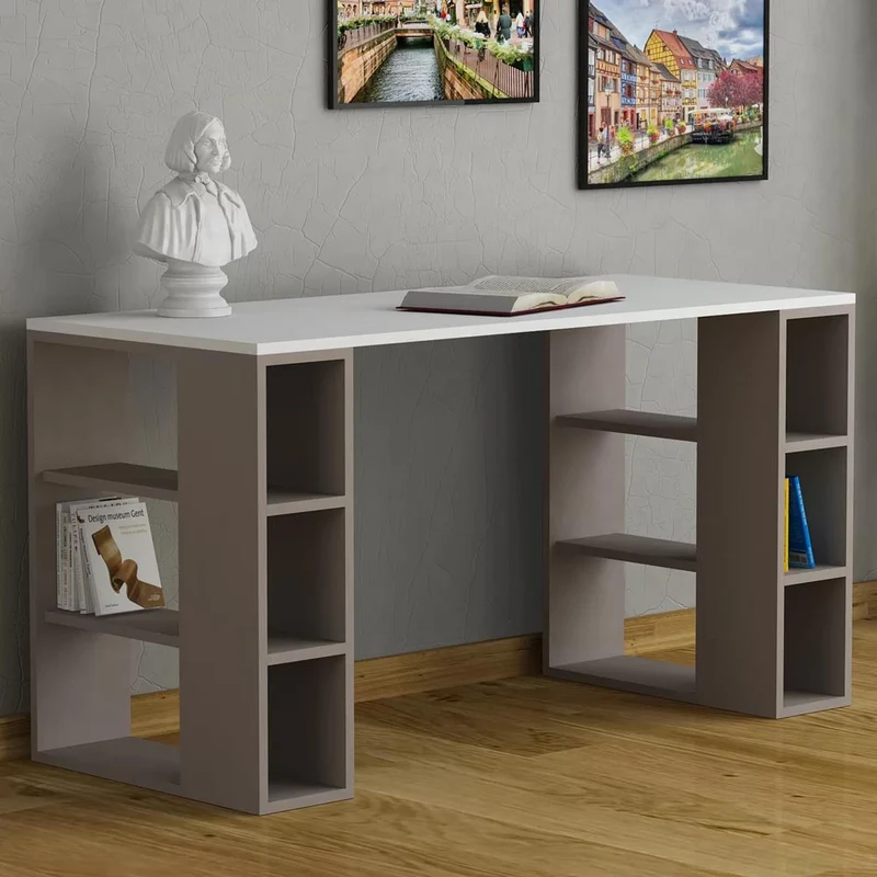 Scrivania con Libreria 6 Ripiani 140x60x75 cm Tavolo Porta Pc Computer in Legno Tortora