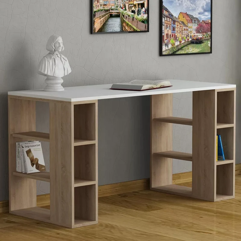 Scrivania con Libreria 6 Ripiani 140x60x75 cm Tavolo Porta Pc Computer in Legno Quercia