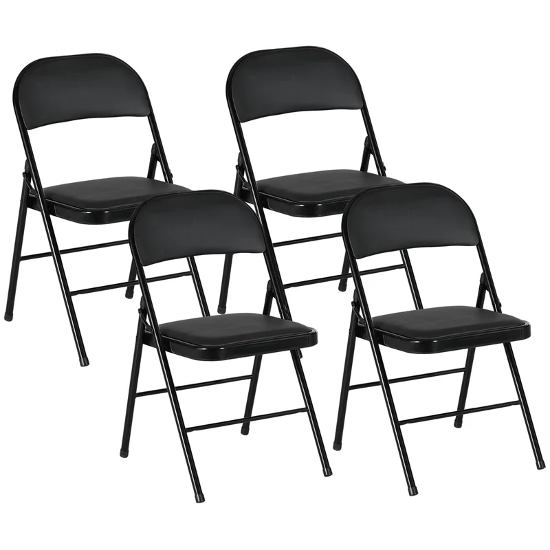Set 4 Sedie Pieghevoli Imbottite 45x46x78 cm in Finta Pelle PU e Metallo Nero