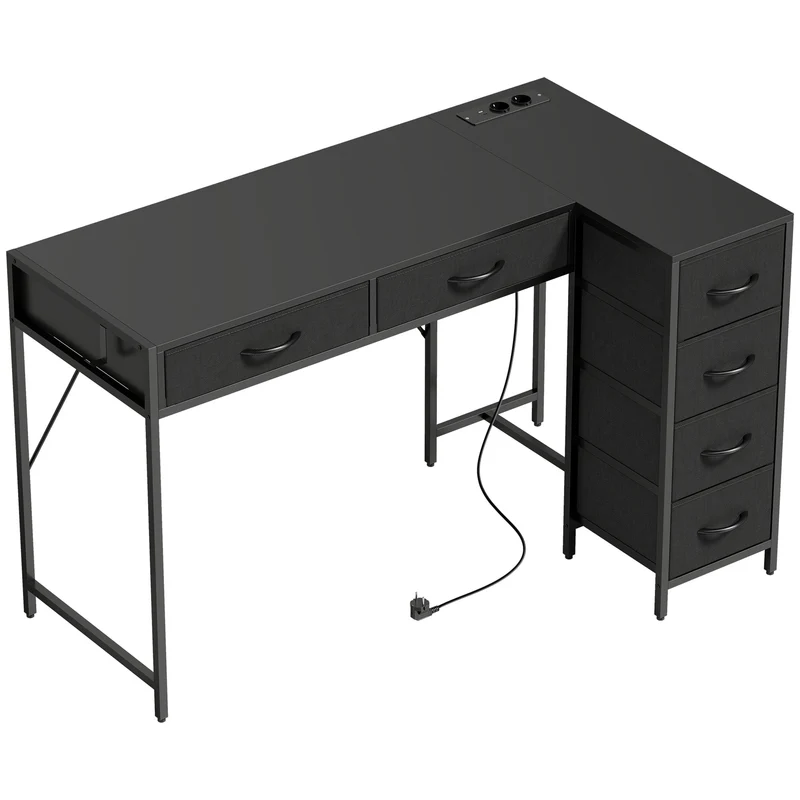 Scrivania Angolare 126x48x80 cm a 6 Cassetti con Gancio Laterale e Prese Integrate in Legno e Acciaio Nero