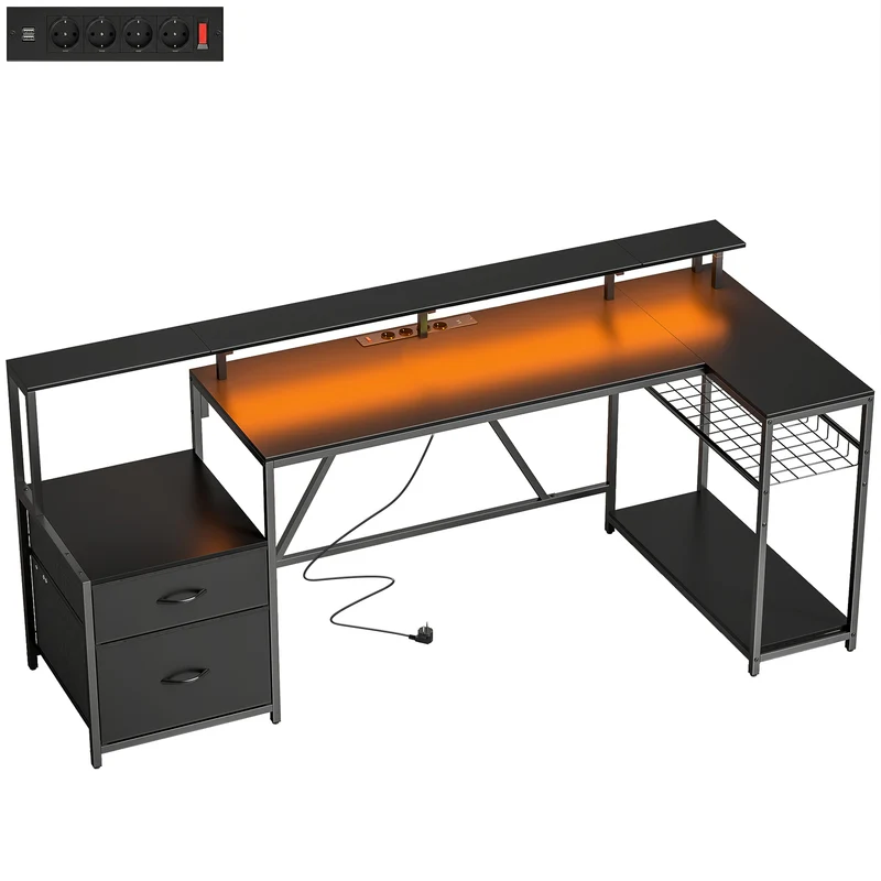 Scrivania da Gaming Angolare 192,5x80x86,5 cm con Hub di Ricarica Luci LED e Supporto Monitor in Legno e Acciaio Nero