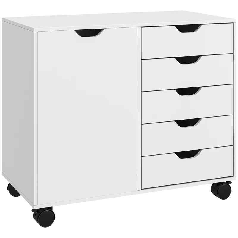 Cassettiera da Ufficio 78x40x66,5 cm Mobile Laterale con 5 Cassetti con Ruote in Melamina Bianco