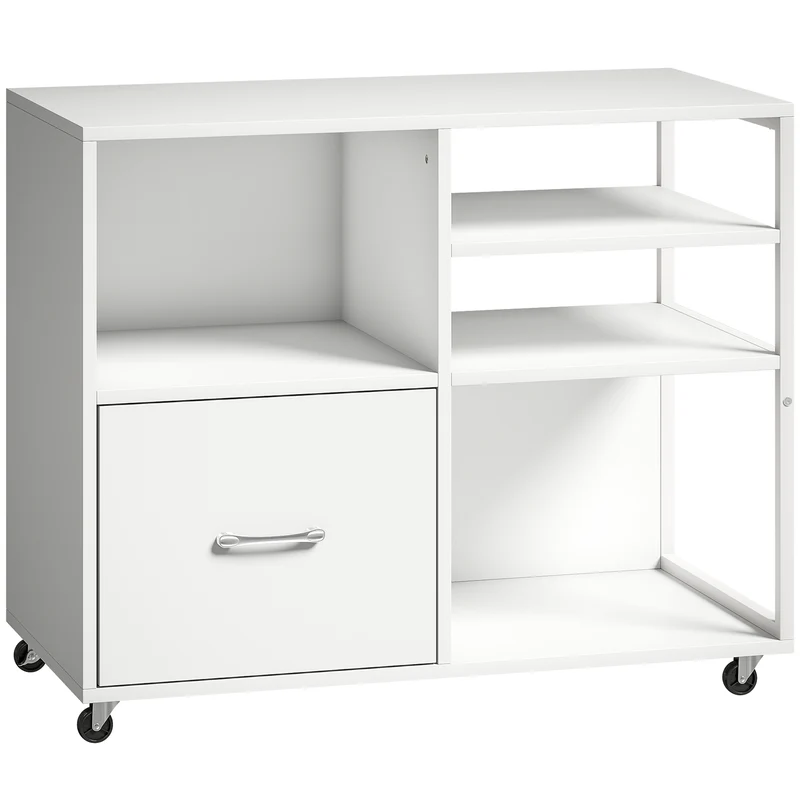 Mobile Porta Stampante 80x40x65,5 cm con Ruote e Cassetto A4 in Legno e Metallo Bianco