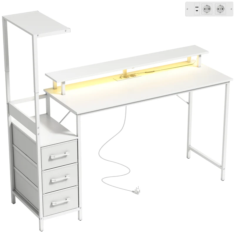 Scrivania Gaming Tavolo per Computer 147x47x130 cm con Supporto CPU Regolabile e Reversibile Luci RGB Prese e Porte USB in Acciaio e Legno Bianco