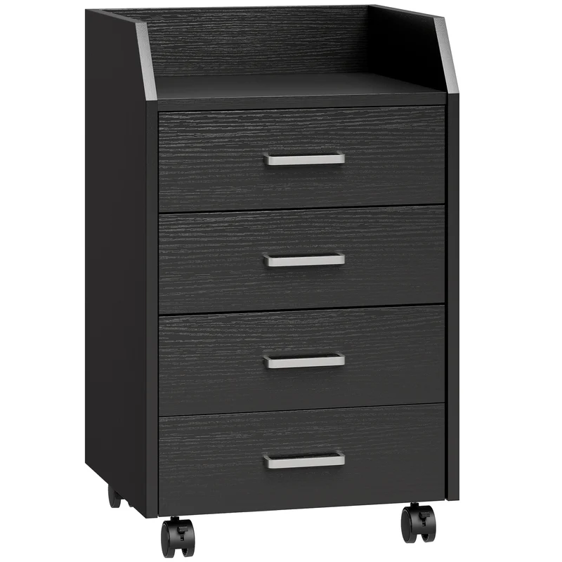 Cassettiera da Ufficio 40x36x65 cm con 4 Cassetti e Ripiano per Stampante su Ruote in MDF Nero