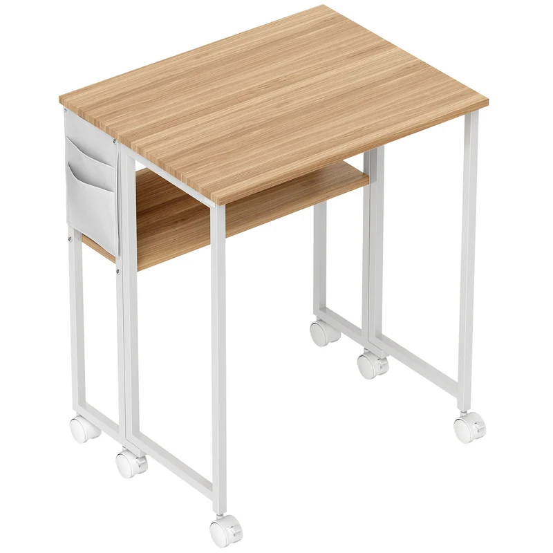 Scrivania Pieghevole 63x50x75 cm su Ruote con Ripiano e Borsa Portaoggetti in MDF e Acciaio Legno Naturale