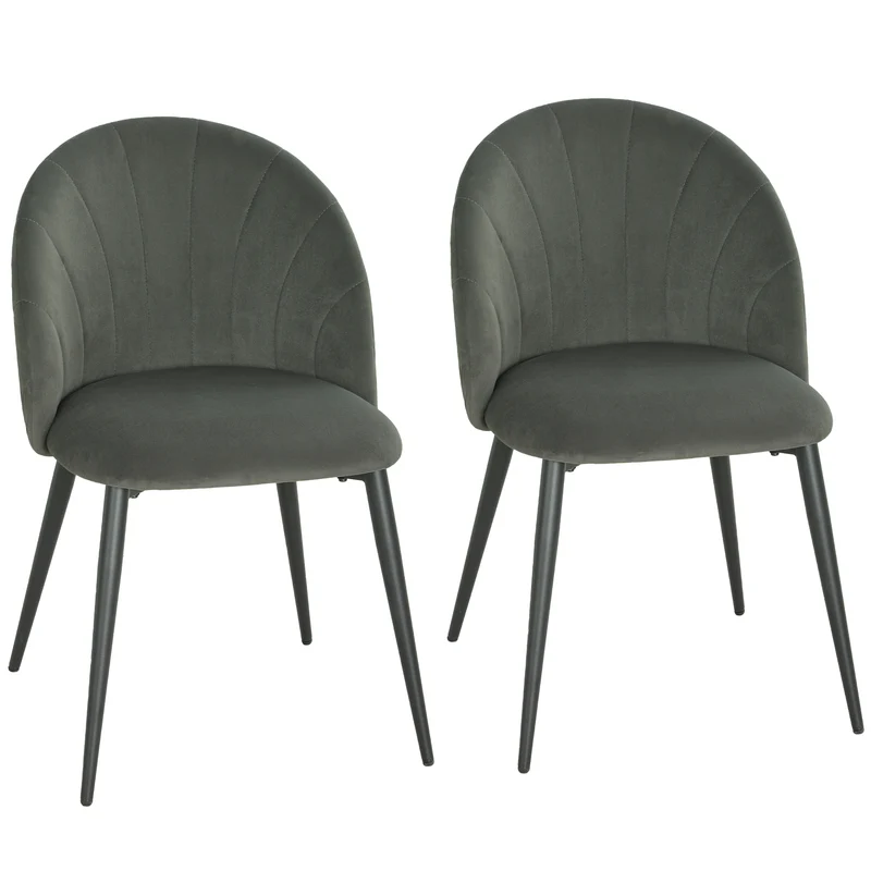 Set 2 Sedie da Pranzo 52x55x79 cm Imbottite con Schienale a Conchiglia in Velluto Grigio