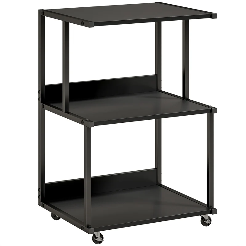 Mobile Supporto Stampante 3 livelli 50x40x75 cm con Ruote e Ripiani in Metallo Nero