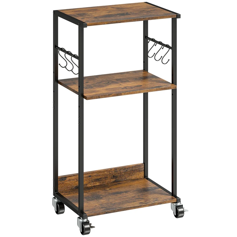 Mobile Supporto per Stampante a 3 livelli 43x30x82 cm con Ruote e Ganci in Legno e Metallo Marrone Rustico.