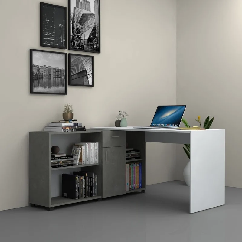 Scrivania Angolare Reversibile 140-210x60x74 cm Mia Cemento Bianco