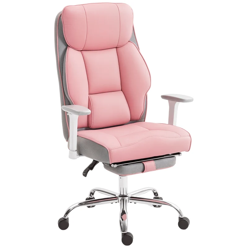 Sedia da Ufficio Ergonomica Rinforzata con Braccioli Regolabili Poggiapiedi e Poggiatesta in PU Rosa