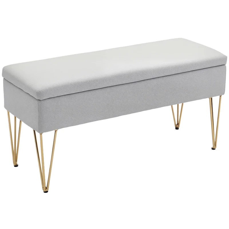 Panca Fondo Letto con Contenitore 100x40x49 cm in Tessuto e Gambe in Acciaio Grigio Chiaro