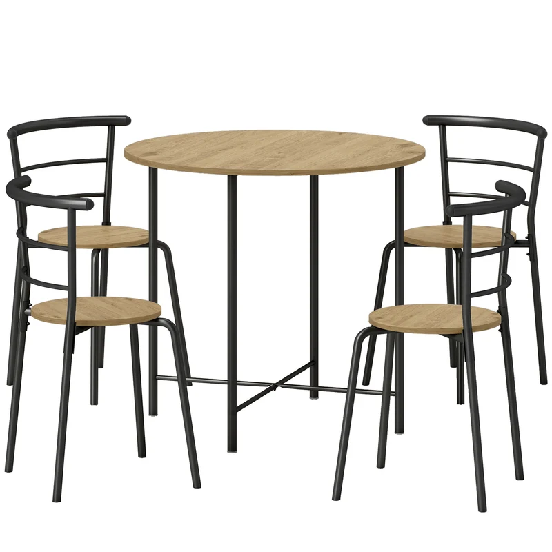 Set Tavolo da Pranzo Rotondo Stile Industriale con 4 Sedie Salvaspazio in Legno e Metallo