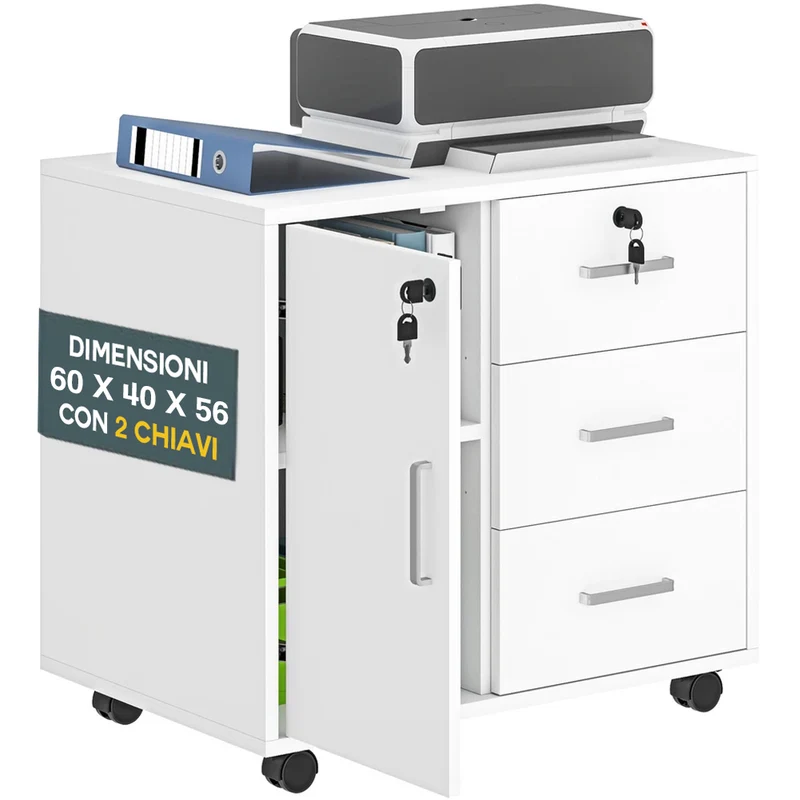 Cassettiera Mobile Ufficio Porta Stampante Salvaspazio 60x40x56 cm con Ruote Rivestimento in Melamina Bianco