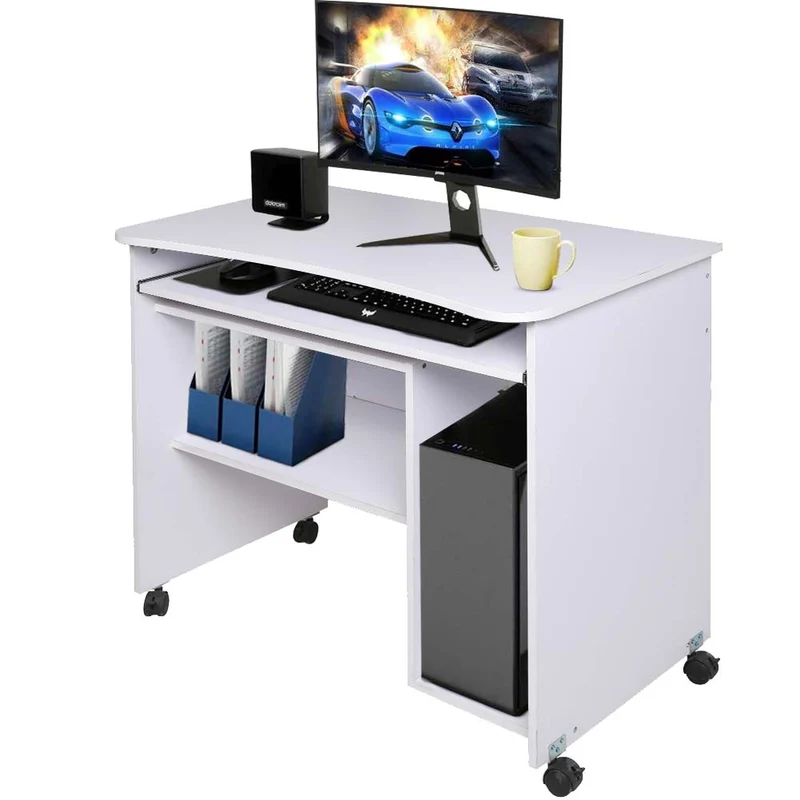 Scrivania con Ripiano Estraibile 93x48x76 cm con Ruote in MDF Bianco