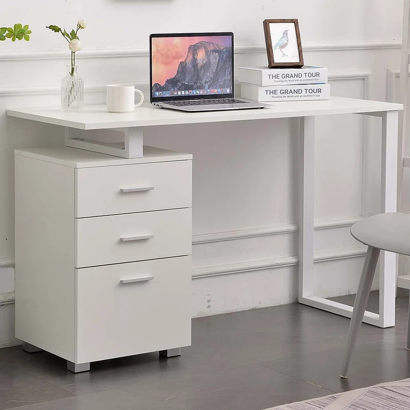 Scrivania con Cassettiera 120x50x75 cm in MDF e Acciaio Bianco