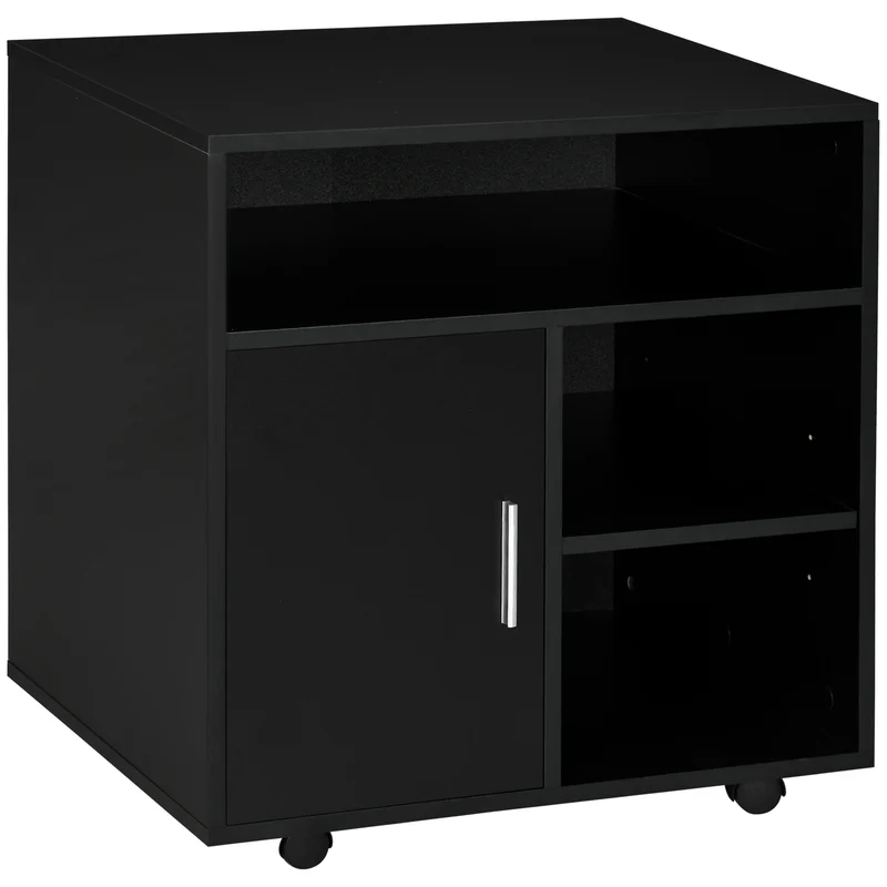 Mobile Porta Stampante 60x50x65,5 cm a Rotelle con Armadietto e 3 Ripiani Aperti in Legno Nero