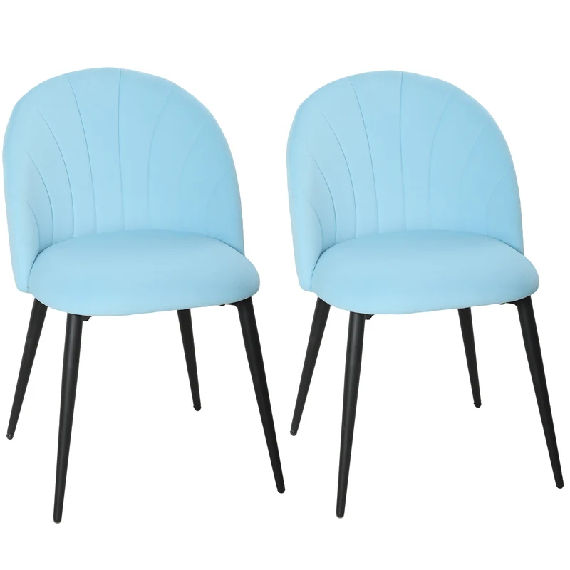 Set 2 Sedie da Pranzo Imbottite 52x55x79 cm con Schienale a Conchiglia in Velluto Azzurro