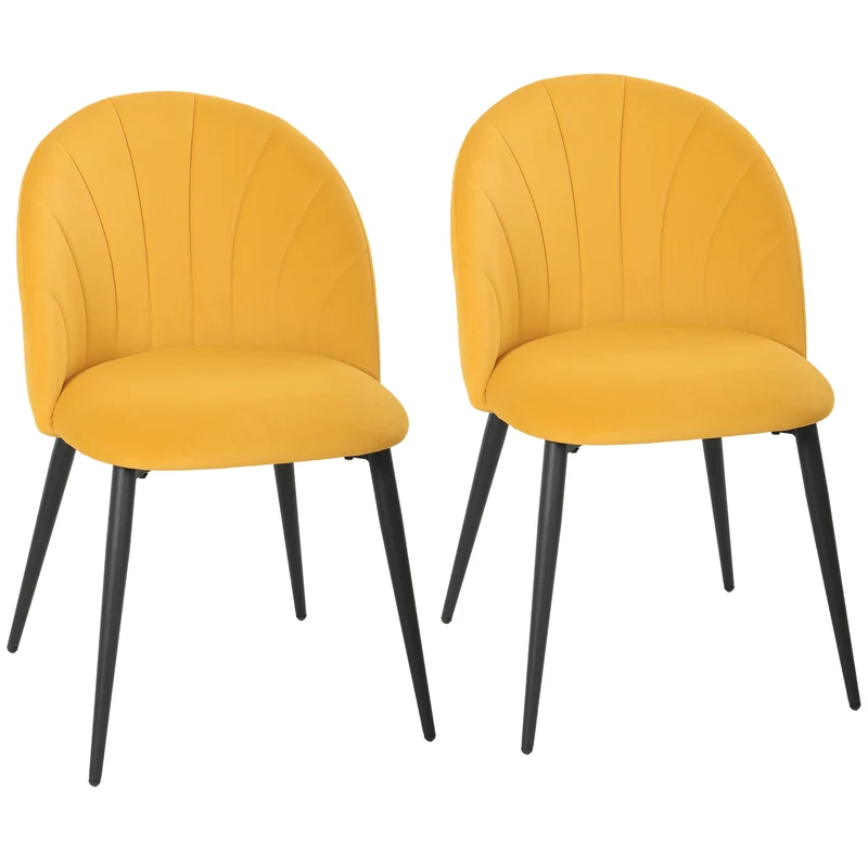 Set 2 Sedie da Pranzo Imbottite 52x55x79 cm con Schienale a Conchiglia in Velluto Giallo