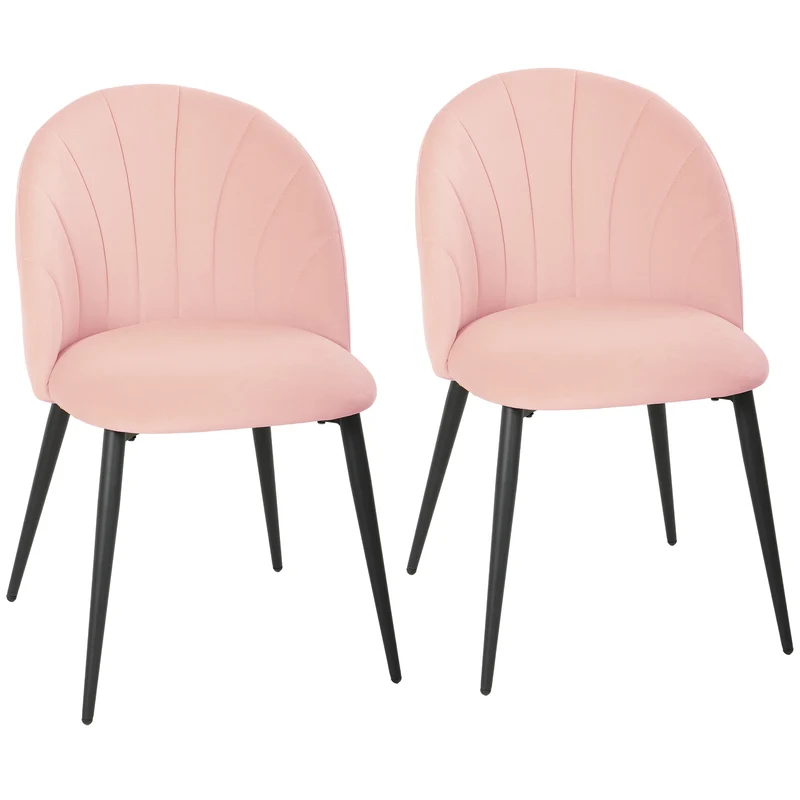 Set 2 Sedie da Pranzo Imbottite 52x55x79 cm con Schienale a Conchiglia in Velluto Rosa