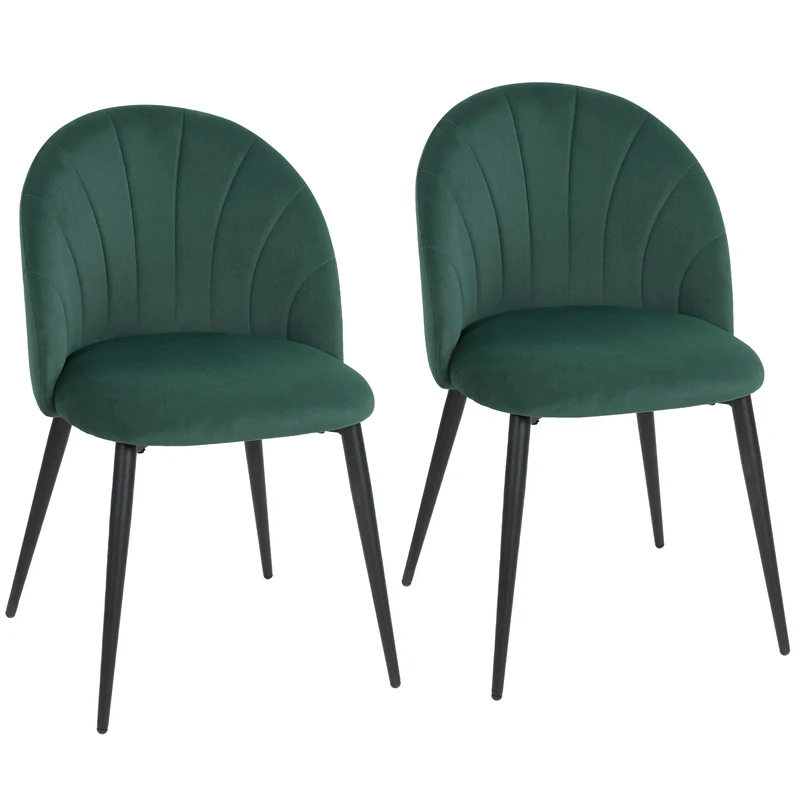 Set 2 Sedie da Pranzo 52x55x79 cm Imbottite con Schienale a Conchiglia in Velluto Verde Scuro