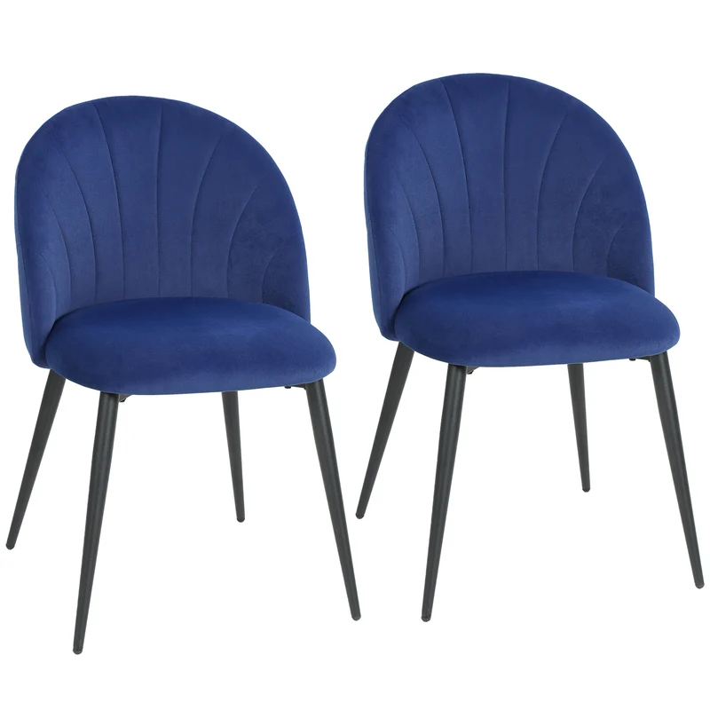 Set 2 Sedie da Pranzo 52x55x79 cm Imbottite con Schienale a Conchiglia in Velluto Blu