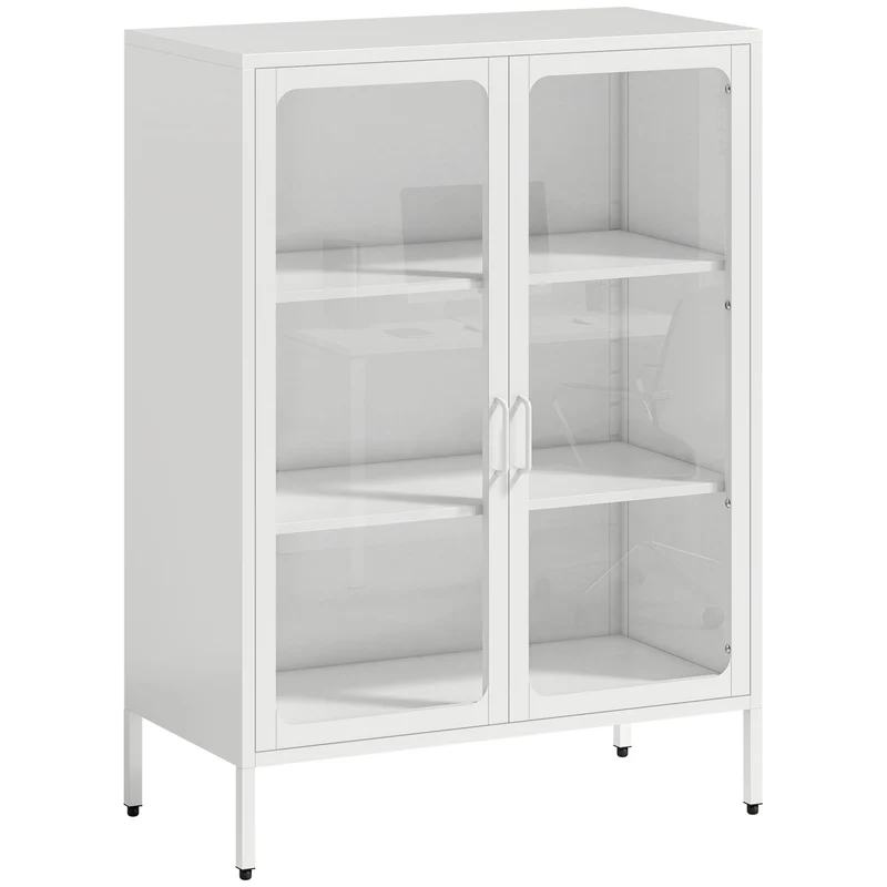 Mobile Portadocumenti 80x40x110 cm con 2 Ante in Vetro e Ripiani Regolabili in Acciaio Bianco