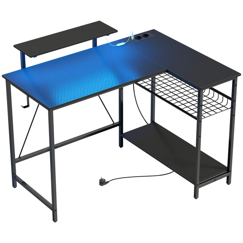 Scrivania da Gaming Angolare con LED Prese Elettriche Supporto per Monitor e Scaffale Nero