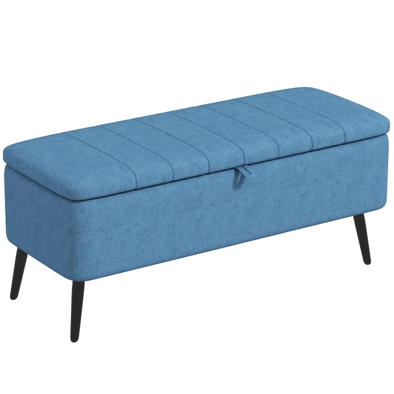 Panca Contenitore 102x40x44 cm Poggiapiedi Imbottito in Tessuto Effetto Lino Blu Scuro
