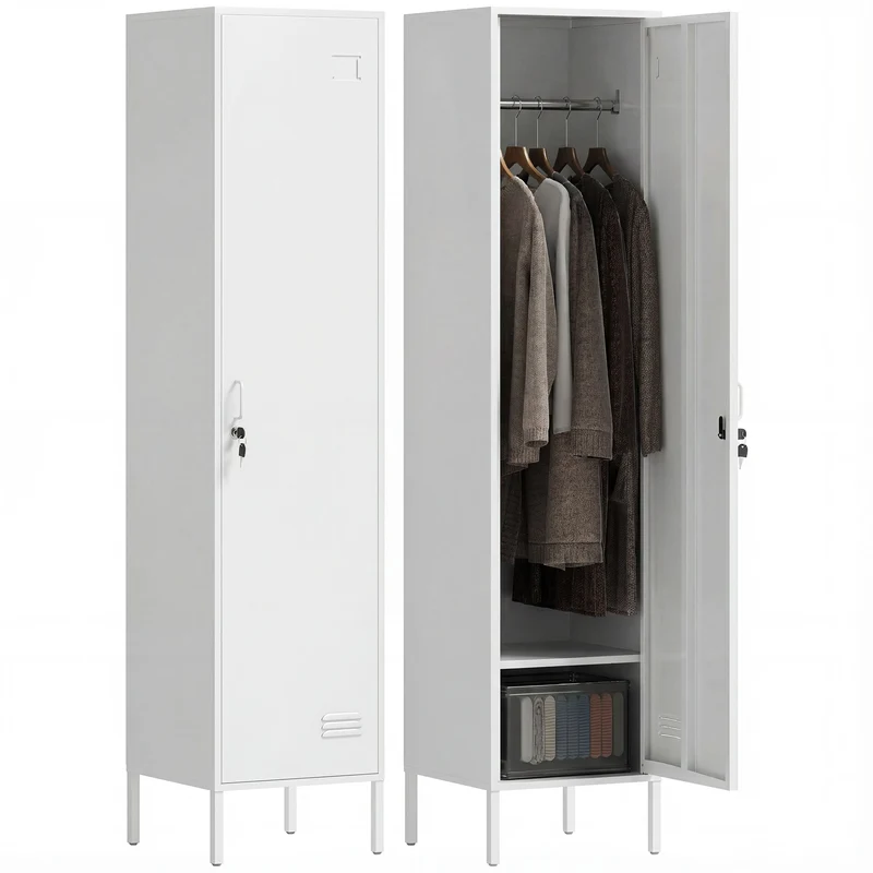Armadio Spoiatoio 40x40x179 cm con Porta Chiudibile Portanome e Asta Appendiabiti in Metallo Bianco