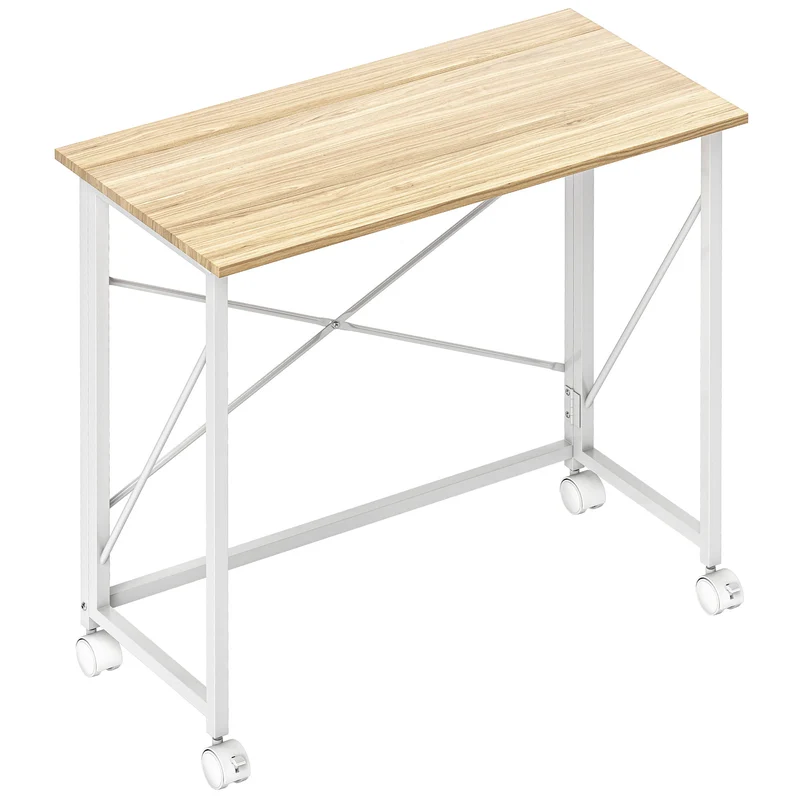 Scrivania Pieghevole Salvaspazio 80x40x75 cm con 4 Ruote e Freno Piano in Legno