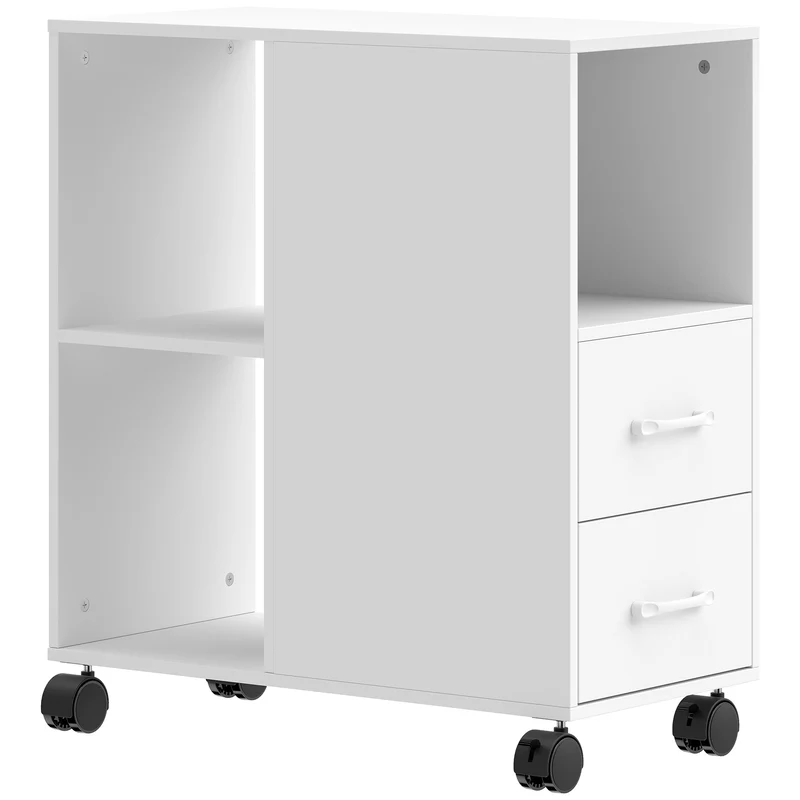 Cassettiera da Ufficio 60x30x65 cm con Ruote Minimal con 2 Cassetti Vano Aperto e Ripiano Regolabile in Legno Bianco