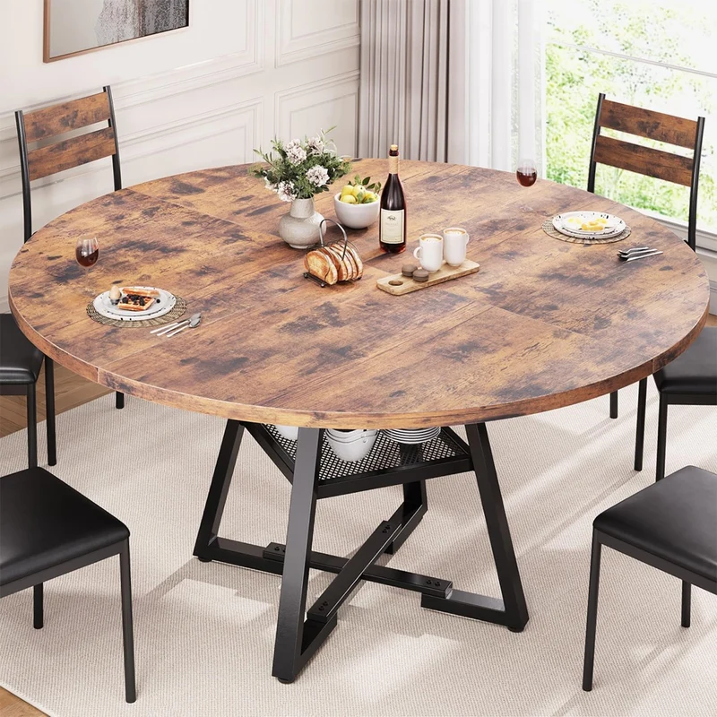 Tavolo per Sala da Pranzo Tondo Ø120 cm Stile Industrial con Ripiano Effetto Legno