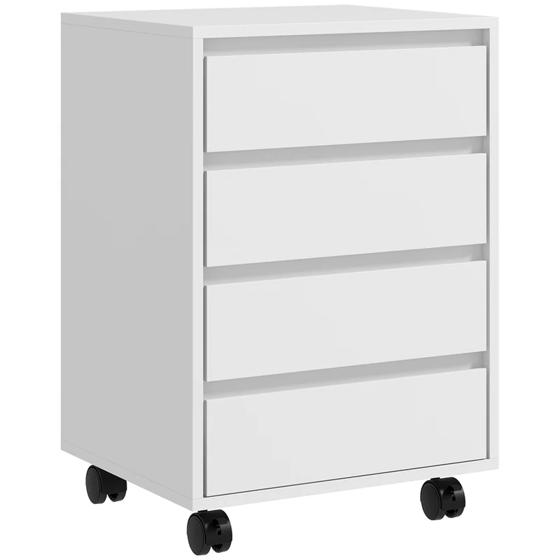 Cassettiera da Ufficio 46x40x65 cm con 4 Cassetti e Ruote con Freno in Legno MDF Bianco
