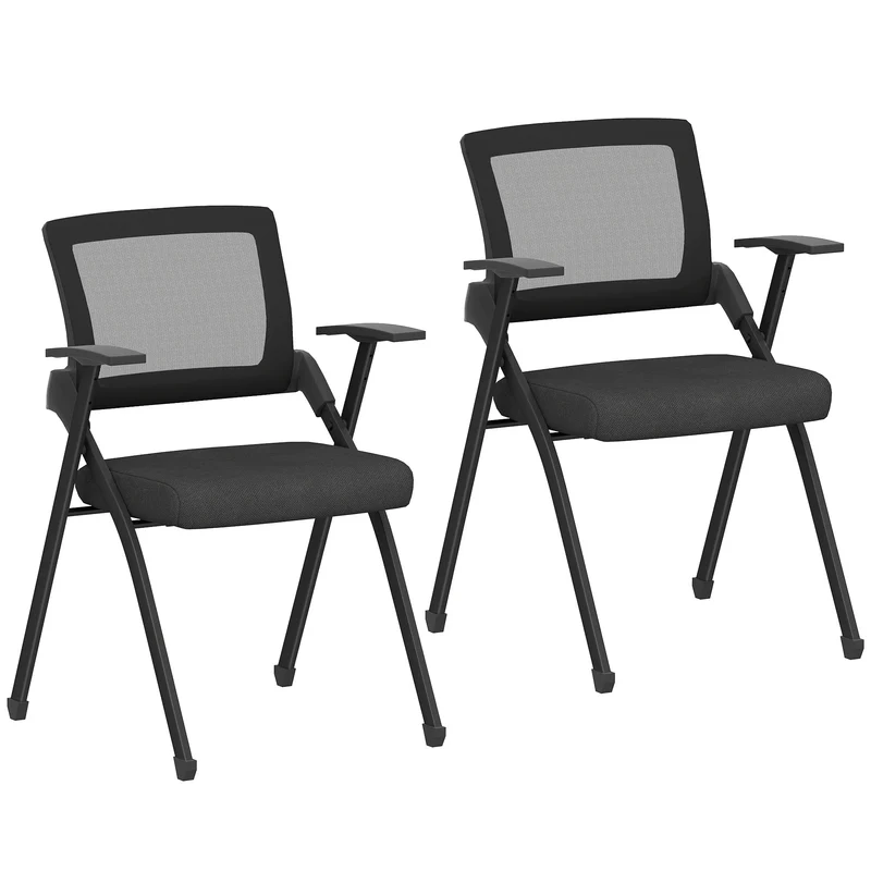 Set 2 Sedie Pieghevoli con Schienale Curvo e Braccioli 61x56x84 cm in Tessuto Effetto Lino e Acciaio Nero